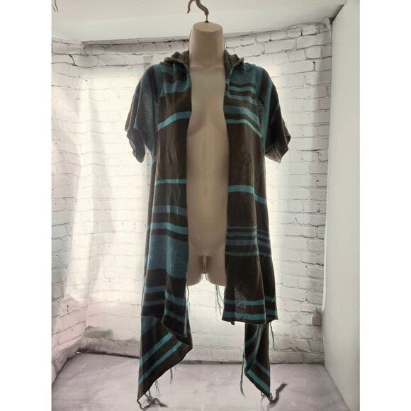 Bamboo Traders Women's Size Large Grey/Blue Striped Open Hooded Sweater - Picture 1 of 7